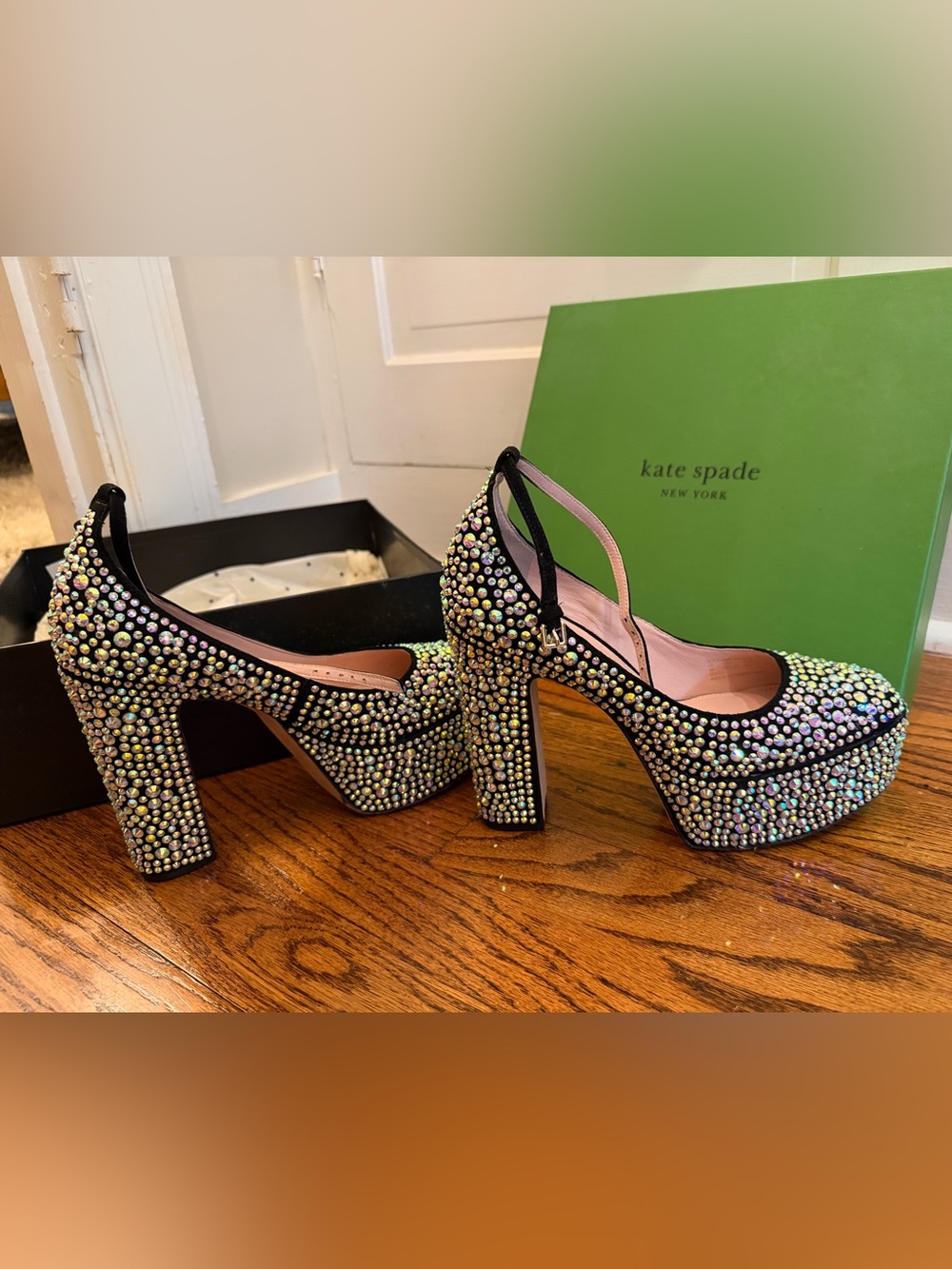 kate spade Gia Pave Black Crystal Platform Block Heel Pumps - Picture 5 of 7